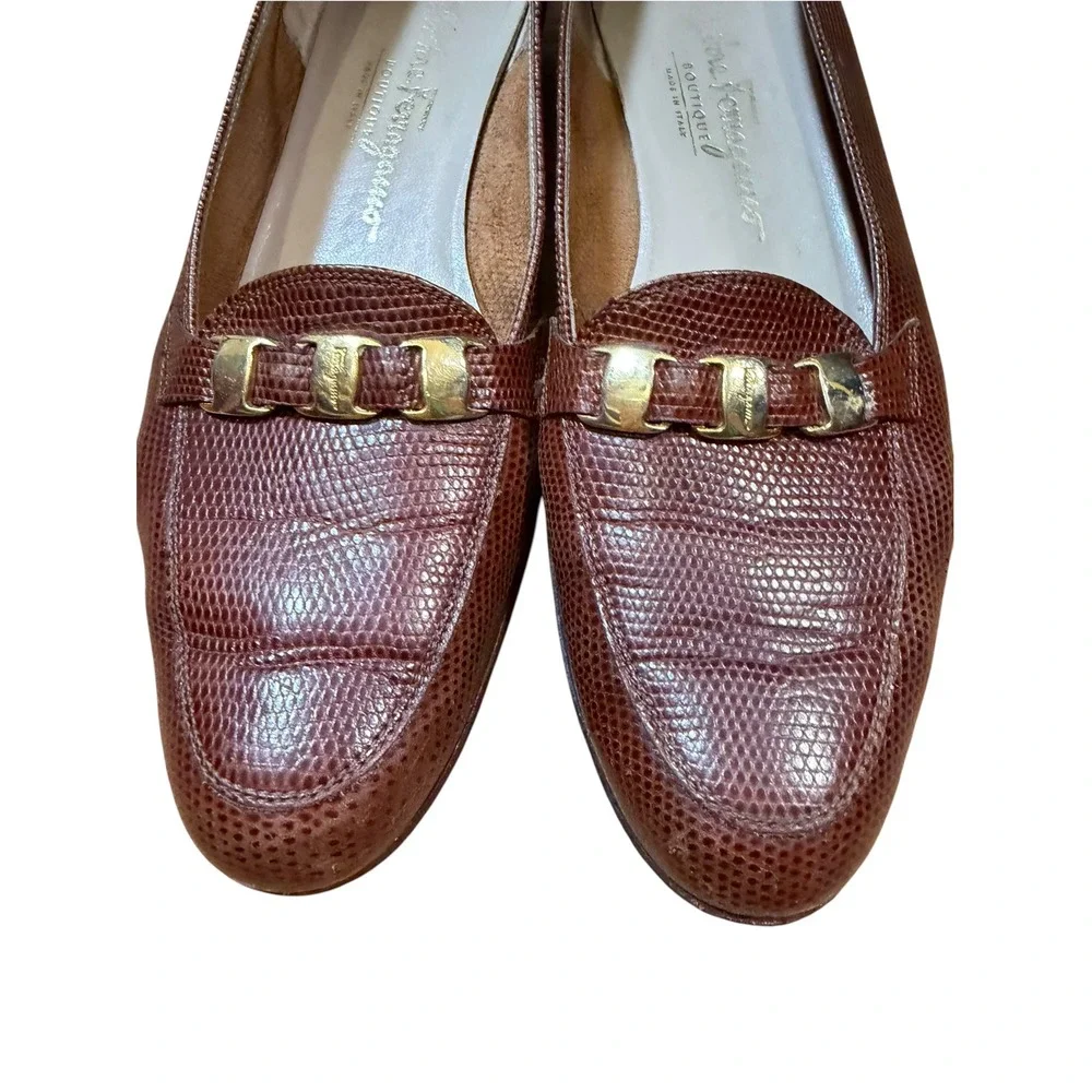 Salvatore Ferragamo Mens Lizard Embossed Leather Gancini Loafers Brown 9.5 2A/B